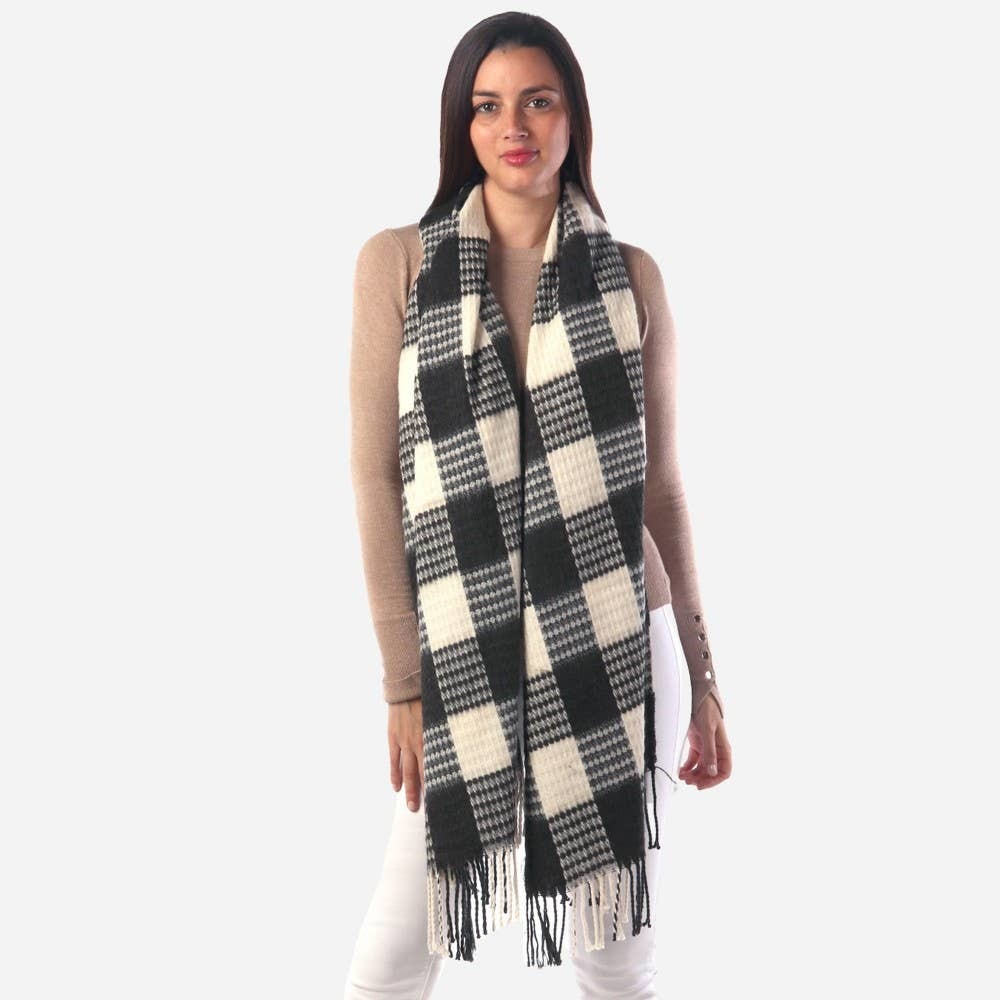 Buffalo Check Black and White Woven Knit Fringe Scarf